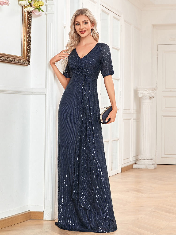 Abendkleid lang mit V-Ausschnitt und Wickeloptik - Dunkelblau