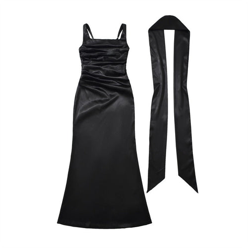 Abendkleid mit Trägern und Schal, gerafftes Oberteil - Schwarz