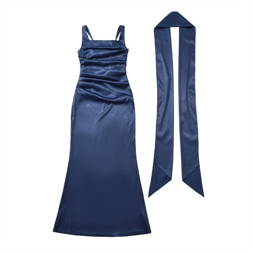 Abendkleid mit Trägern und Schal, gerafftes Oberteil - Blau