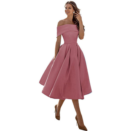 Abendkleid schulterfrei mit weitem Tellerrock, midi - Cameobraun