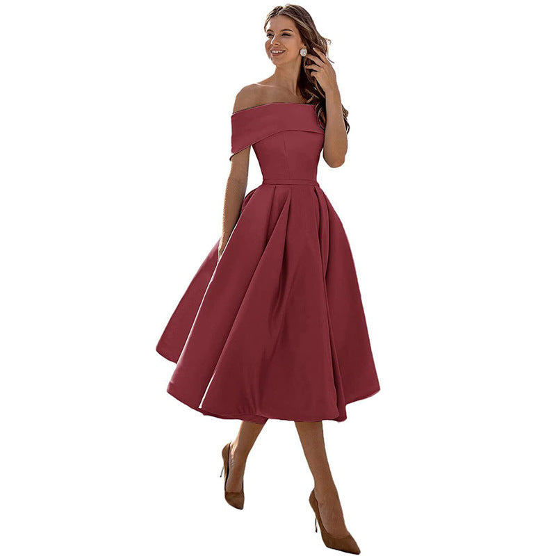 Abendkleid schulterfrei mit weitem Tellerrock, midi - Weinrot