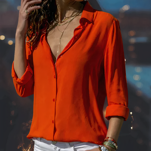 Bluse Damen aus Chiffon mit Kragen und Krempelärmeln - Rot