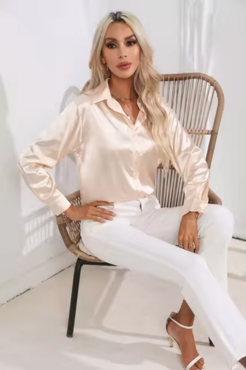 Bluse Damen aus Satin mit Hemdkragen und Knopfleiste - Champagner