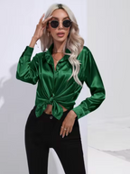 Bluse Damen aus Satin mit Hemdkragen und Knopfleiste - Dunkelgrün