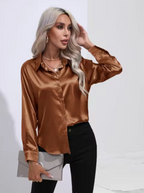 Bluse Damen aus Satin mit Hemdkragen und Knopfleiste - Dunkelbraun