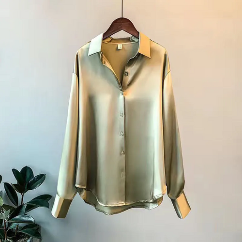 Bluse Damen aus Satin mit Kragen und offenem Fall - Grün