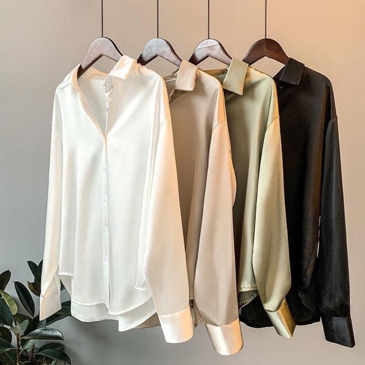 Bluse Damen aus Satin mit Kragen und offenem Fall