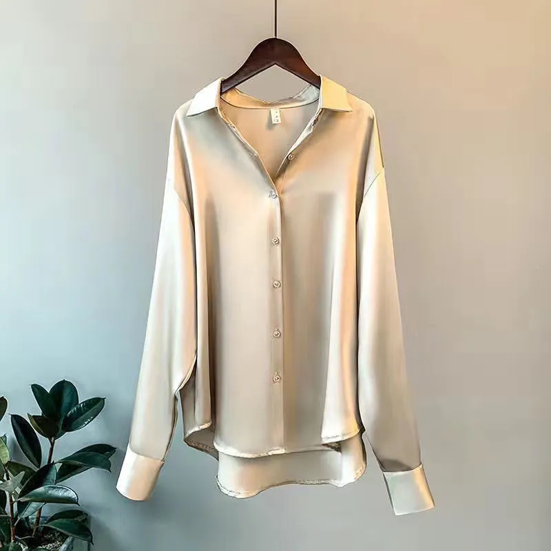 Bluse Damen aus Satin mit Kragen und offenem Fall - Champagner