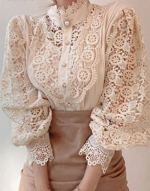 Bluse Damen aus Spitze mit Stehkragen und Puffärmeln