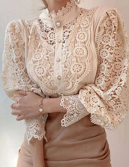 Bluse Damen aus Spitze mit Stehkragen und Puffärmeln