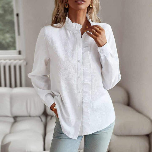Bluse Damen mit Rüschenblende, Stehkragen und Manschette