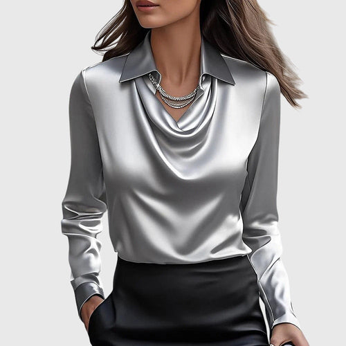 Bluse Damen mit Wasserfallausschnitt aus Satin - Silber