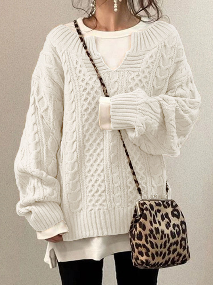 Pullover Damen aus Grobstrick mit Zopfmuster, oversized - Weiss
