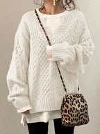 Pullover Damen aus Grobstrick mit Zopfmuster, oversized - Weiss