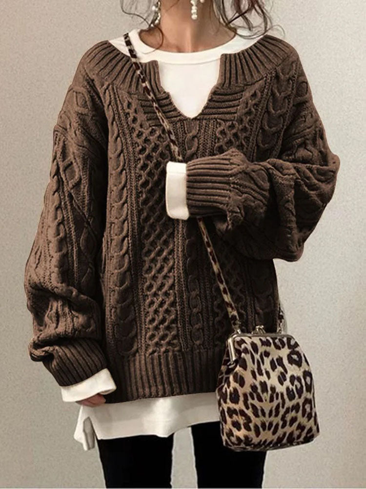 Pullover Damen aus Grobstrick mit Zopfmuster, oversized - Braun