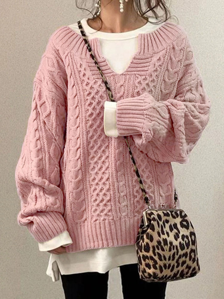 Pullover Damen aus Grobstrick mit Zopfmuster, oversized - Rosa