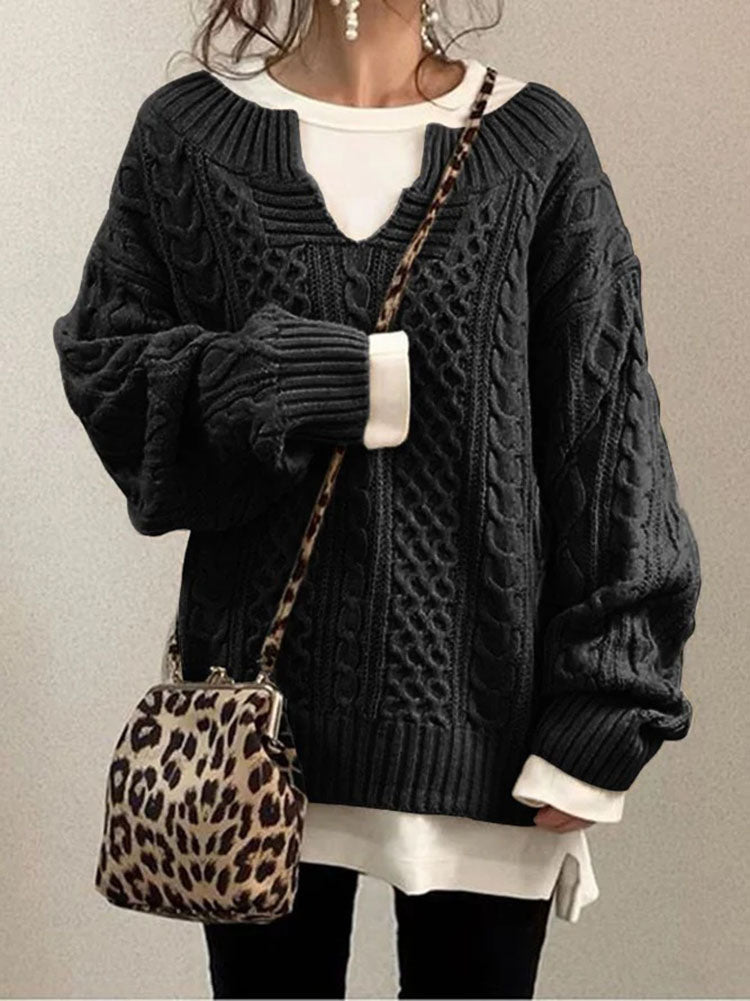 Pullover Damen aus Grobstrick mit Zopfmuster, oversized - Schwarz