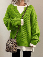 Pullover Damen aus Grobstrick mit Zopfmuster, oversized - Grün