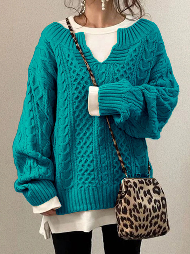 Pullover Damen aus Grobstrick mit Zopfmuster, oversized - Blau