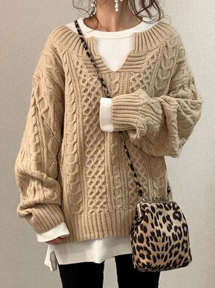 Pullover Damen aus Grobstrick mit Zopfmuster, oversized - Beige