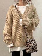 Pullover Damen aus Grobstrick mit Zopfmuster, oversized - Beige