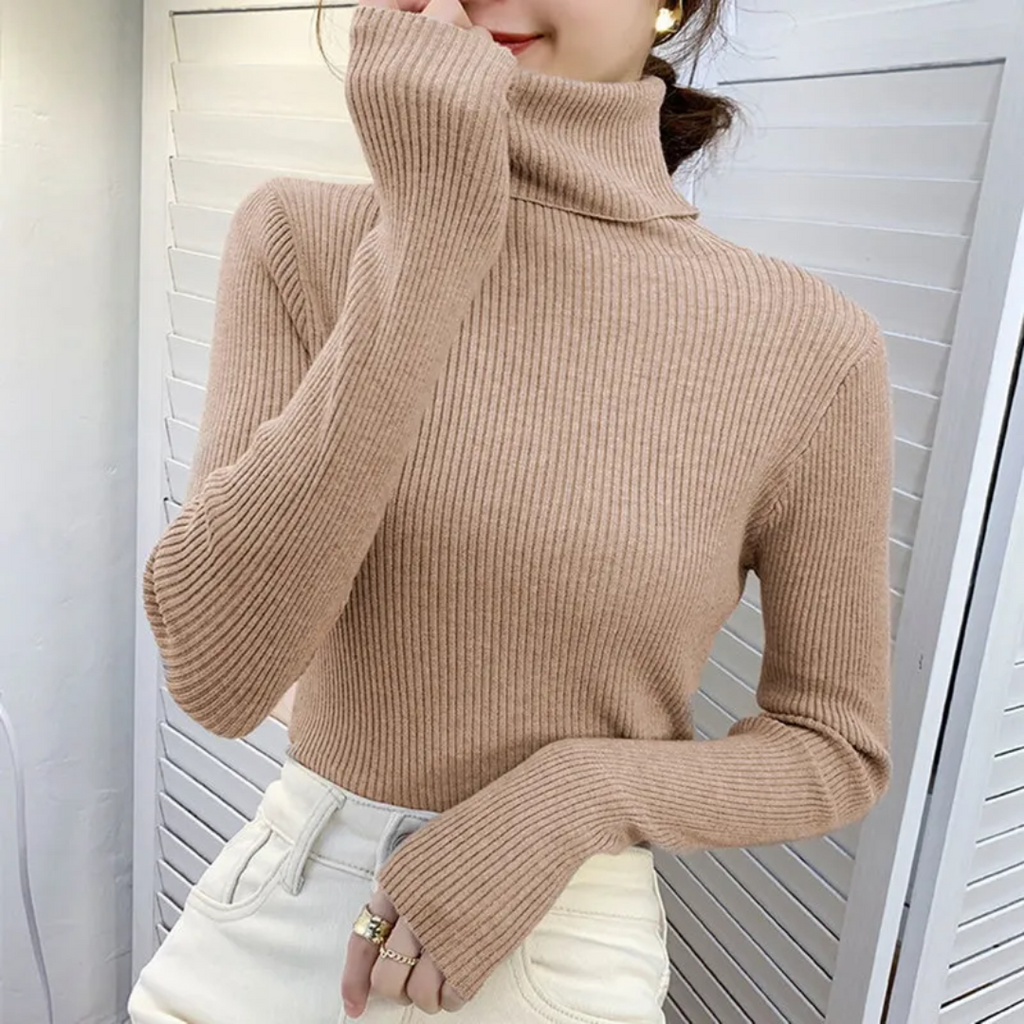 Rollkragenpullover Damen aus Feinstrick, körpernah - Khaki