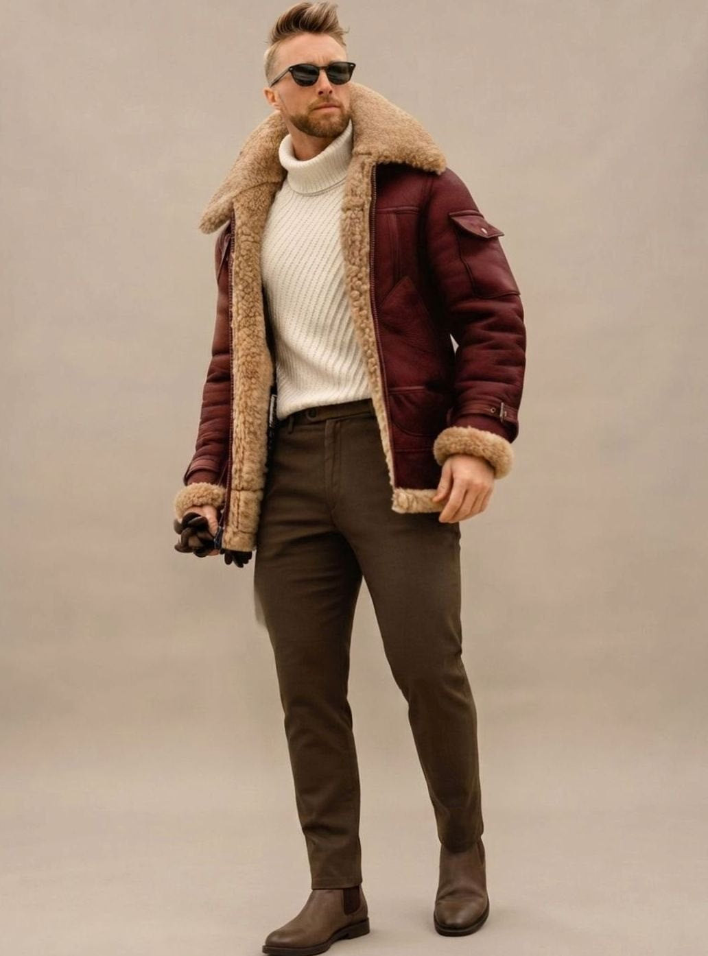 Winterjacke Herren mit Lammfell-Optik am Kragen - Weinrot